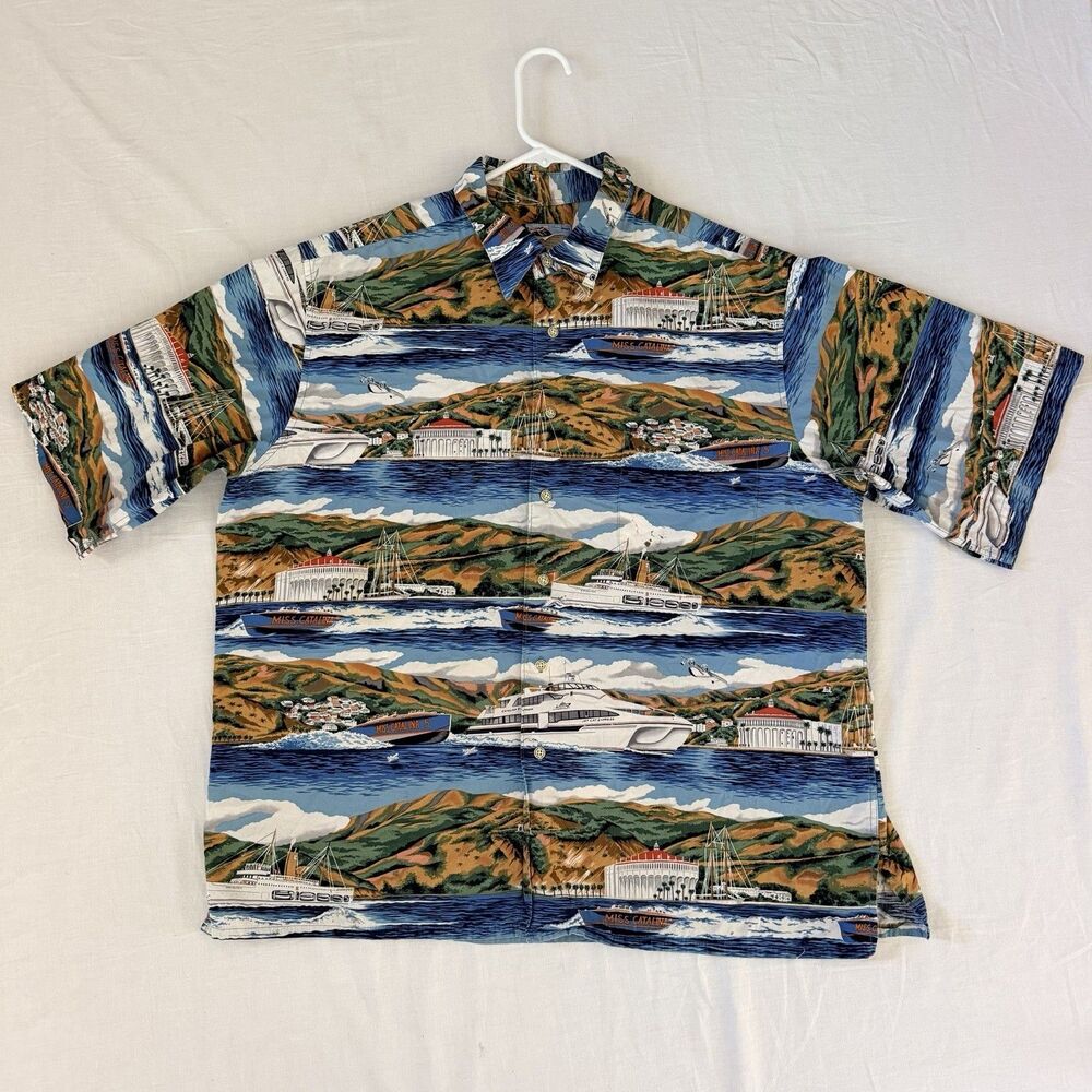 Reyn Spooner Catalina Island Hawaiian Shirt XL Miss Catalina Boat Scenic Aloha